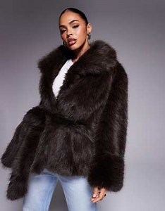 ASOS DESIGN belted faux fur coat in mocha | ASOS