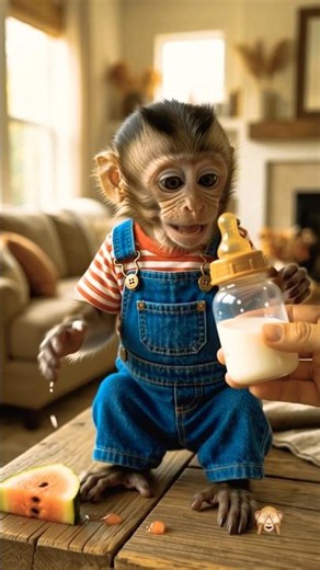 Cute Baby Monkey Wearing Clothes Eating Watermelon & Drinking Milk! 🐒🍉🍼