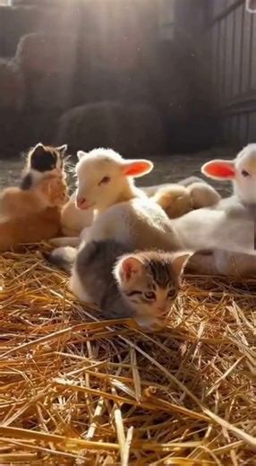 “Kittens with Newborn Lambs in the Meadow”!!