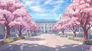 Download Fluid anime school background with cherry blossom trees, in the style of cartoon, pastel colors, high resolution, high detail, high quality for free