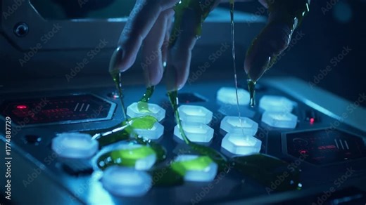 Close-up of slimy alien fingers touching glowing spaceship control panel dripping green slime sci-fi horror scene