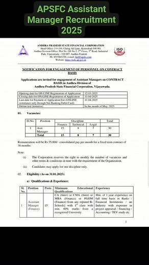 19K views · 110 reactions | APSFC Assistant Manager Recruitment 2025 #apsfc | Government Jobs | Facebook