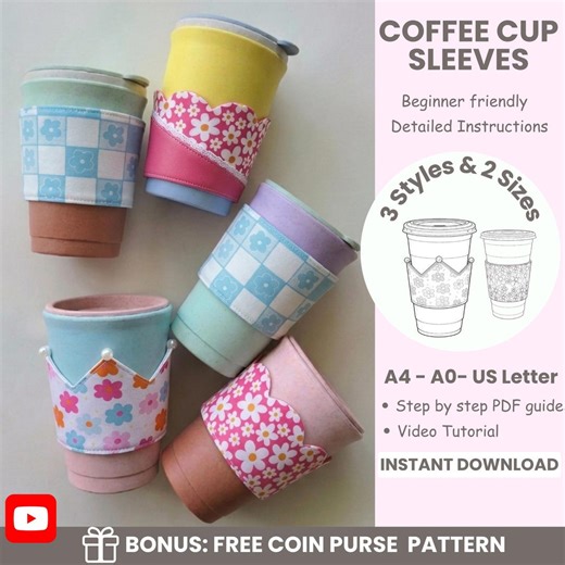 Insulated Cup Cozy Sewing Pattern | Reusable Coffee Sleeve Sewing Pattern PDF | Beginner DIY Coffee Sleeve | Coffee Cup Sleeve Tutorial - Etsy UK