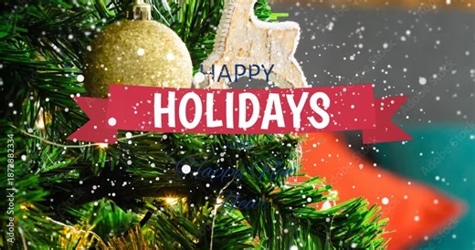 Animation of snow falling over christmas greetings text and christmas tree decoration