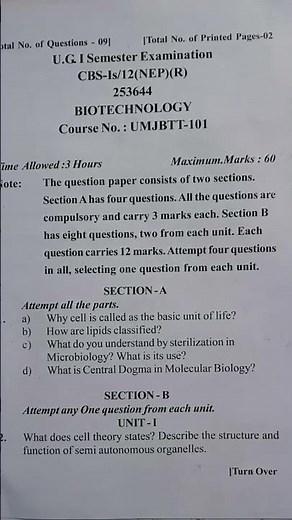 UMJBTT-101 | Biotechnology Major | sem 1st ug nep paper #jammuuniversityupdate
