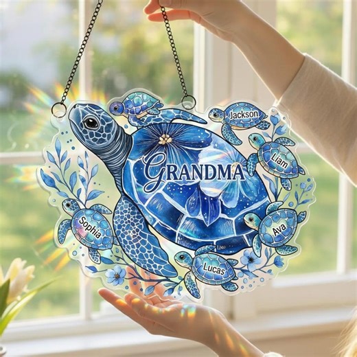 Personalized Turtle Suncatcher for Grandma, Custom Name Window Hanging Stained Glass Ornament, Mothers Day Gift From Grandkids - Etsy