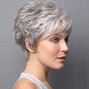 SEVENCOLORS Short Grey Wigs for White Women Pixie Cut Gray Wigs with Bangs Natural Curly Synthetic Hair Short Mixed White Wig for Older Women