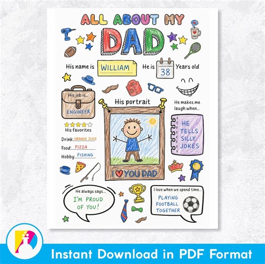 Father’s Day Printable Questionnaire, All About My Dad Coloring Page, Kids Activity Sheet, DIY Father’s Day Card, Instant Download PDF - Etsy