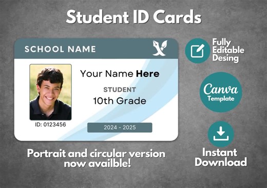 Editable Student ID Card Template, Custom ID Badge Template, Printable ID Card With Photo, School and Student Name Card, Canva Template - Etsy