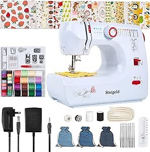 Sewing Machine for Beginners with 20 Pcs Fabric and 32 Pcs Sewing Threads Kit,Portable Sewing Machine with 12 Built-in Stitches,2 Speed(High-Low Speeds) (Red)