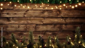 Rustic Christmas Lights: A festive backdrop of warm, inviting rustic wood planks adorned with twinkling Christmas lights and evergreen branches, perfect for creating a cozy and celebratory atmosphere.