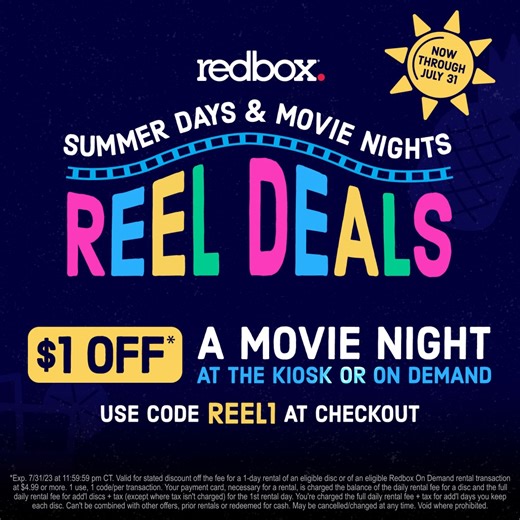 Your movie night just got reel. Use the promo code below all through July, plus browse hundreds of other deals for the summer. https://bit.ly/3XBL9hP | Redbox