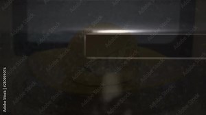 Using microwave for cooking and heating food. Reheating homemade low fat burger. Low-calorie hamburger on plate spins inside microwave oven. Forward sliding dolly shot through the rear wall.