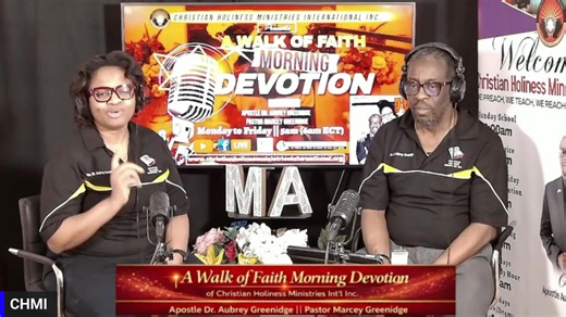 A Walk of Faith Morning Devotion with Apostle Dr. Aubrey Greenidge & Pastor Marcey Greenidge Hindrances to walking in the Will of God WEBSITE STREAM | www.christianholinessministriesinternational.org SUBSCRIBE TO OUR YOUTUBE CHANNEL https://www.youtube.com/channel/UCuNGkYb-px3ZweUs1lnzqmg FOLLOW US ON INSTAGRAM https://www.instagram.com/christian_holiness_ministries Streaming on: Benschop Radio 107.1FM https://www.facebook.com/markbenschop https://www.facebook.com/benschopradio Email: chmbkny@gm
