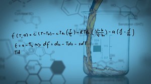 Premium stock video - Laboratory beaker with handwritten formula, data and structural formula of chemical compounds in the