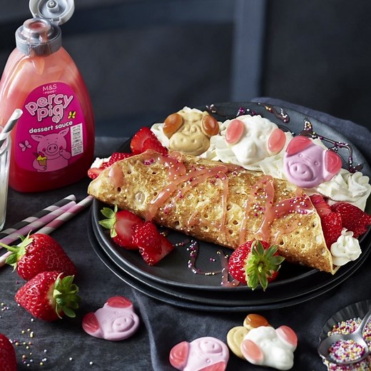 On your marks... FLIP! 🥞Our first ever Percy Pig Dessert sauce is here! Serve it on Percy-style pancakes with our ready-made pancakes filled with fresh strawberries, Percy sweets and jazzie sprinkles 😍How will you decorate yours? #Thisisnotjust a pancake idea, this is a Percy Pig pancake idea! | Marks and Spencer