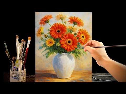 🎨 Painting Vibrant Orange Gerbera in White Vase | Warm Light Acrylic Still Life Tutorial | #173