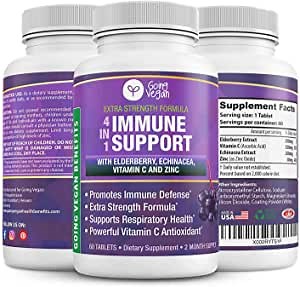 Immune Support Supplement - 4 in 1 Immunity Booster Vitamins: Elderberry, Vitamin C, Echinacea, Zinc Tablets - Extra Strength Immune Defense Formula - 2 Month Supply 1 Month Cost - Vegan - Made in USA