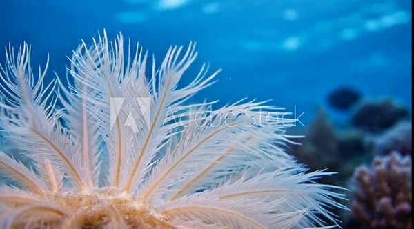 Underwater footage of a vibrant white feather star crinoid in a coral reef ecosystem.