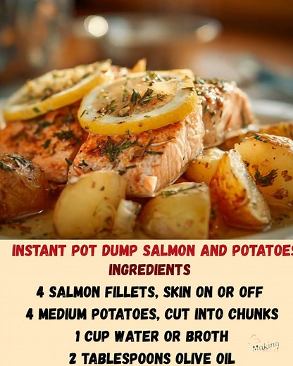 Instant Pot Dump Salmon and Potatoes Ingredients 4 salmon fillets, skin on or off 4 medium potatoes, cut into chunks 1 cup water or broth 2 tablespoons olive oil 1 teaspoon garlic powder 1 teaspoon onion powder 1 teaspoon paprika 1 teaspoon salt 1 teaspoon black pepper 1 lemon sliced Fresh parsley for garnish optional Instructions Place the potato chunks at the bottom of the Instant Pot. Add water or broth. Place the trivet on top of the potatoes. Lay the salmon fillets on the trivet. Drizzle sa