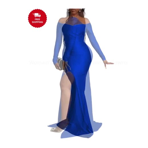 Off-Shoulder Maxi Dress | Long Sleeve Formal Gown with High Split