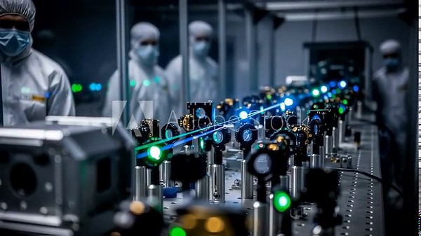 Illuminated components of a highenergy laser weapon aligned along an optical bench under strict contamination control protocols.