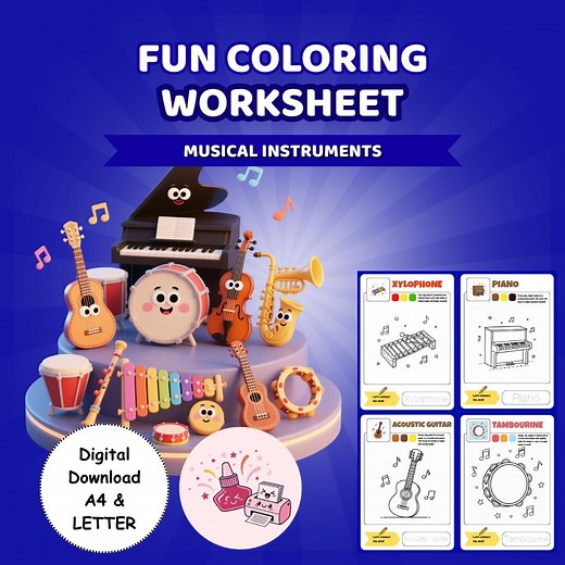 Musical Instruments Fun Coloring Worksheets for Kids | 30 Printable Music Coloring Pages (PDF) - Etsy Canada
