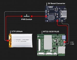 How to battery power a 5V microcontroller with a 3.7V lithium battery (WT32-SC01 PLUS)