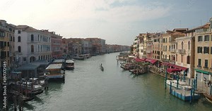 The empty 'Canale Grande' on a sunny day during the Covid-19 pandemic filmed from 'Rialto Bridge' in Venice, Italy