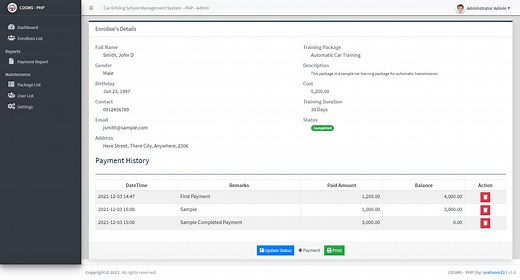 Car Driving School Management System in PHP/OOP Free Source Code