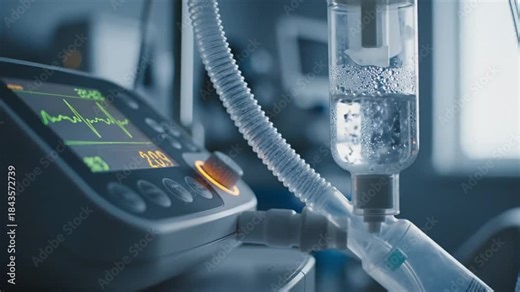 Medical Ventilator in Operation: Close-up of Life Support Machine with Display and Humidifier for