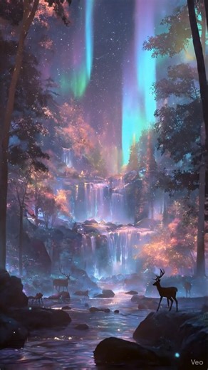 Stop scrolling! ✨ Have you ever seen a place this magical? It’s where the Northern Lights dance over a mythical, sparkling waterfall. Experience the enchantment of a lifetime! This stunning visual captures the impossible beauty of a Fantasy Forest Waterfall illuminated by a vibrant, ethereal Aurora Borealis. 🦌 Imagine standing on the mossy banks, the gentle roar of the cascading water filling the air, reflecting the shimmering pink, purple, blue, and gold lights of the celestial display above. 