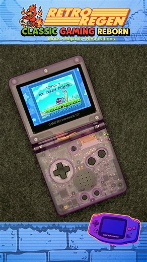 Retro Regen on Instagram: "GBA SP IPS Mod – Atomic Purple Fresh IPS install in an ExtremeRate atomic purple shell. Boot check → live gameplay → OSD testing. Kirby’s Dream Land for color and motion. Ninja Boy II to show grayscale and true B&W modes using the physical brightness button. Clean image. Fully tested. #GameBoyAdvance #GBASP #RetroModding"