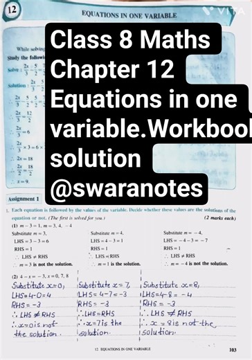 Class 8 Chapter 12 Equations in one variable.workbook solution @swaranotes