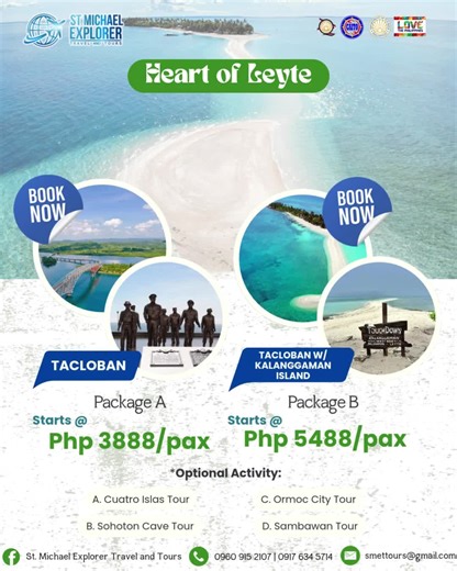 🌴 Discover the Heart of Leyte and and escape to Kalanggaman Island! Package Inclusions: * Roundtrip car/suv/van transfer all throughout Leyte tour * 2 night stay at Tacloban City * Tacloban City tour 𝐃𝐞𝐬𝐭𝐢𝐧𝐚𝐭𝐢𝐨𝐧𝐬: 📍 Astrodome 📍 San Juanico Bridge 📍 Mc Arthur Landing Memorial National Park 📍 Yolanda Memorial Monument 📍 New Provincial Capitol 📍 Old Capitol 📍 Tacloban City Hall 📍 Palo Cathedral 📍 Sto. Niño Shrine * Kalanggaman Island Hopping tour (joiners) * Buffet picnic lunc