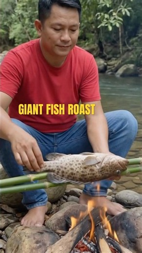 Giant Fish Roasted Over Open Fire by the River 🔥