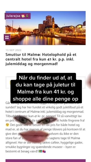 Fra KUN 41 kr. pr. person for centralt hotel i Malmø, julemiddag og morgenmad! Så er det helt okay, at hele opsparingen ryger på shopping 💸 Find som altid tilbuddet på rejsespejder.dk #rejsespejder #billigrejse #malmö #juleshopping #rejsetilbud #rejse #fyp #danmark🇩🇰 #dansktiktok #fypdanmark #shopping #juletur #sverige