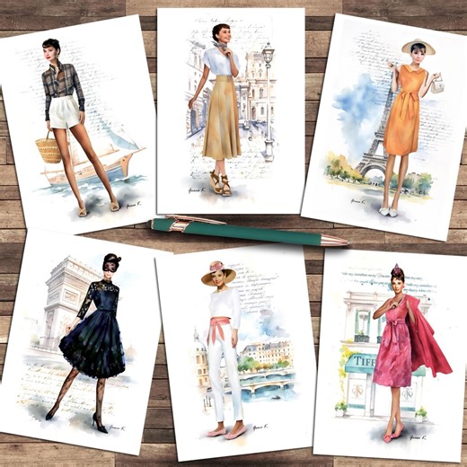Audrey Hepburn Fashion Illustration Note Cards, Set of 6 - Etsy