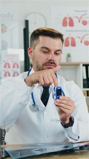 Likable modern man doctor medical specialist streaming on camera from medical lab and showing for viewers how correct measure oxygen level using pulse oximeter
