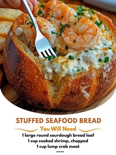 The ultimate party appetizer and cheesy comfort food blast! 📝 Ingredients : 1 large round sourdough bread loaf 1 cup cooked shrimp, chopped 1 cup lump crab meat 4 oz cream cheese, softened | Tasty Home Recipes