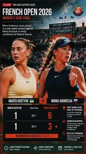 Mirra Andreeva vs Marta Kostyuk LIVE | French Open 2026 Semi Final |Andreeva Dominates Roland Garros