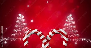 Candy cane icon over shooting star forming a two christmas trees against red background