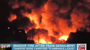 See massive fire after train derailment