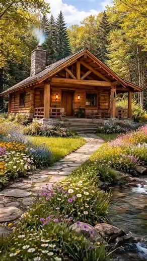 Natural log cabin on Instagram: "A Cabin That Feels Like a Love Letter to Slow Living. would you actually live here? Exterior of a small log cabin in a forest with a stone walkway through colorful wildflowers beside a creek and a stone chimney with smoke; interior shows a rustic bathroom with stone floor, wood vanity, two stone vessel sinks, glass shower with stone tile, and a freestanding soaking tub; a log bedroom with a log bed frame and warm lamps; a log kitchen with carved wood cabinetry; a