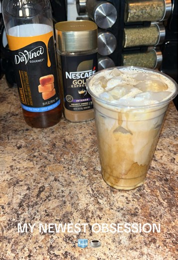 Quick, easy, and SO good! ✨ This Nescafé instant espresso with sugar-free caramel syrup and whole milk makes the perfect iced latte in minutes! Who needs a coffee shop? #HomemadeLatte #CoffeeLover #balancedlifestyle