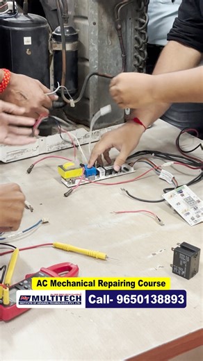 👉 AC Mechanical Repairing Course | Magnetic Contactor के साथ Full Wiring Multitech Institute में Students को दी जाती है 100% Practical Training ताकि वो Real-Life Projects पर काम करना सीख सकें। ✅ Magnetic Contactor का Working Principle ✅ Proper Wiring Techniques ✅ Fault Finding & Testing ✅ Live Practical with Latest Tools ✅ Expert Faculty Guidance Why Choose Multitech Institute? ✔ Modern Lab Setup ✔ Experienced Trainers ✔ Certificate Career Support ✔ Lifetime Technical Support AC Mechanical Repa