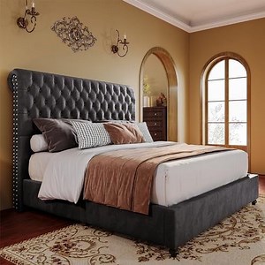 VanAcc 52.8" High Upholstered Bed Frame Queen Size Platform Sleigh Bed with Deep Button Tufted Headboard/Easy Assembly/Dark Grey