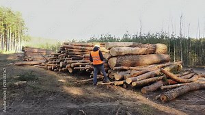 Timber inspector checks quality of bucked felled wood, cut logs spruce pine trees, lumber. Boss writes down data into tablet in forest. Engineer makes notes about deforestation. Logging auditor