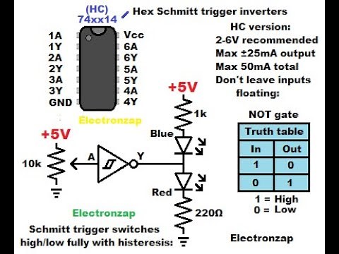 7414 74HC14 hex schmitt trigger inverter integrated circuit introduction with electronics LEDs