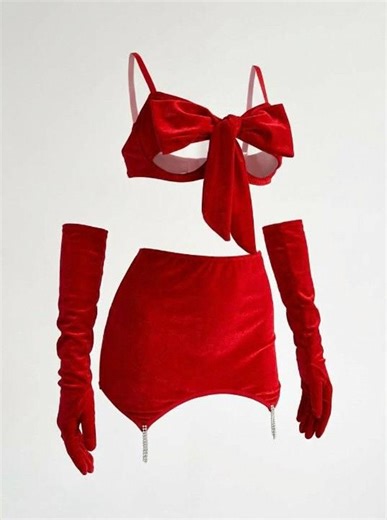 Red Bow Lingerie Set, Romantic Lingerie, Velvet Red Bow Unwrap Lingerie, Set With Skirt and Gloves - Etsy